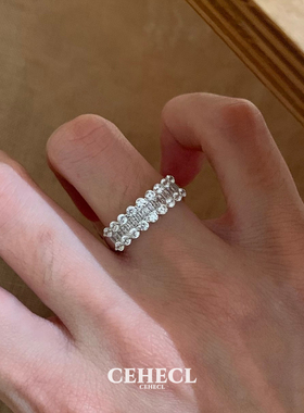 超闪时尚蕾丝T方排戒半圈排钻戒指女士叠戴贵气锆石食指戒不掉色