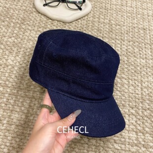 牛仔蓝平顶鸭舌帽女秋冬气质高颅顶马术帽子韩国百搭显脸小报童帽