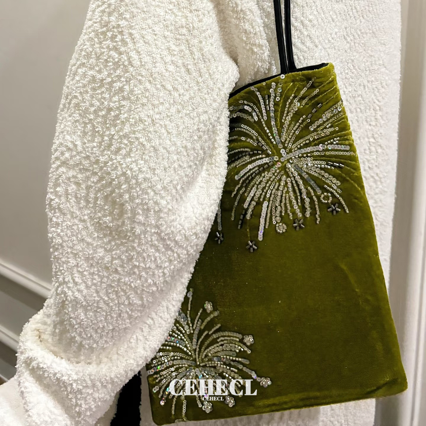 高端丝绒烟花刺绣单肩包女托特包