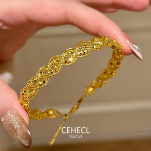 高级感金色镭射珠麻花编织手镯女款新中式复古镂空不掉色手链手饰