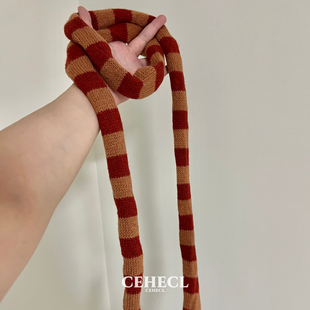 橘红腊肠条纹穿搭凹造型小围巾女Y2K羊毛线针织细长时髦撞色围脖
