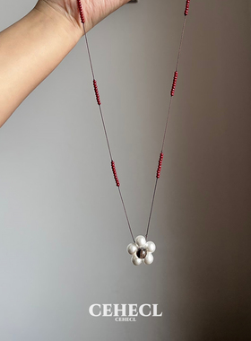 珍珠花朵蜡绳编织项链女高级感简约气质百搭毛衣链精致长款锁骨链