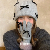 赛赫琳蝴蝶结毛线针织手套女设计师2025新款 冬季 保暖分指毛圈手套