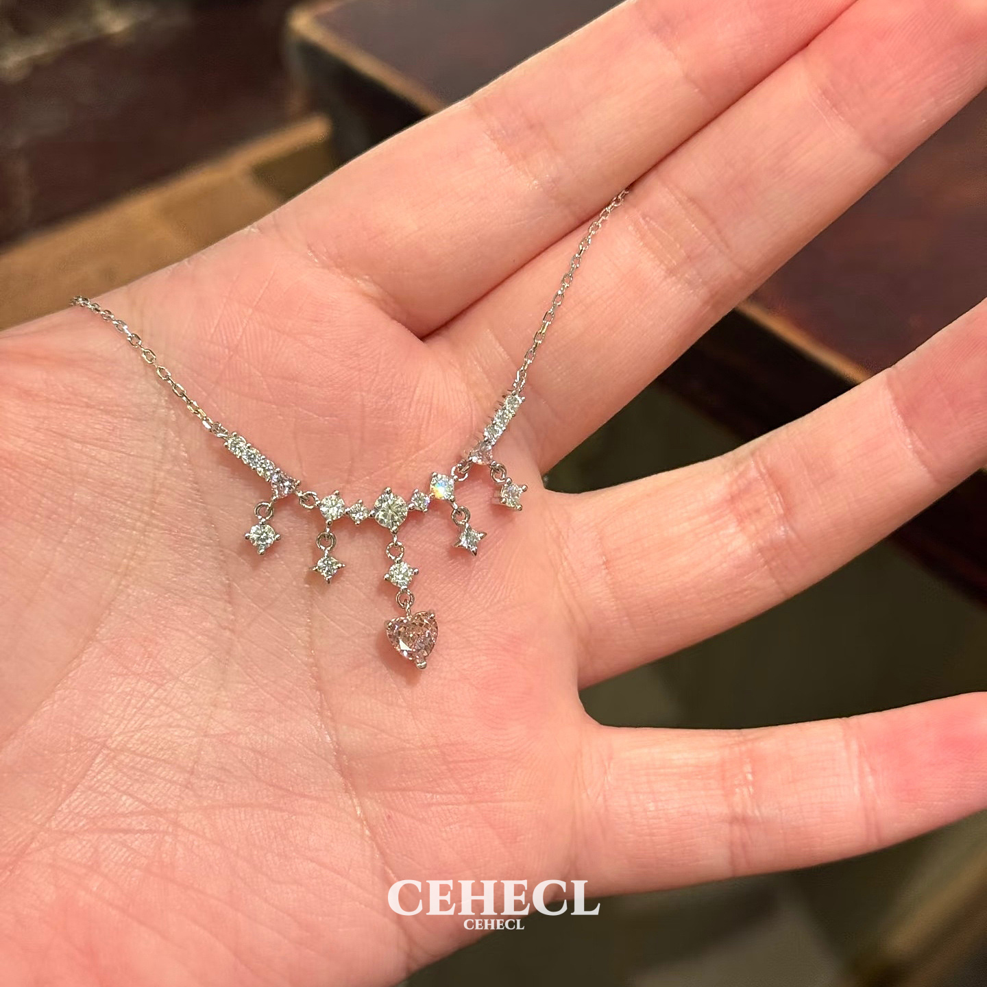 s925纯银冰花切粉钻流苏项链法式