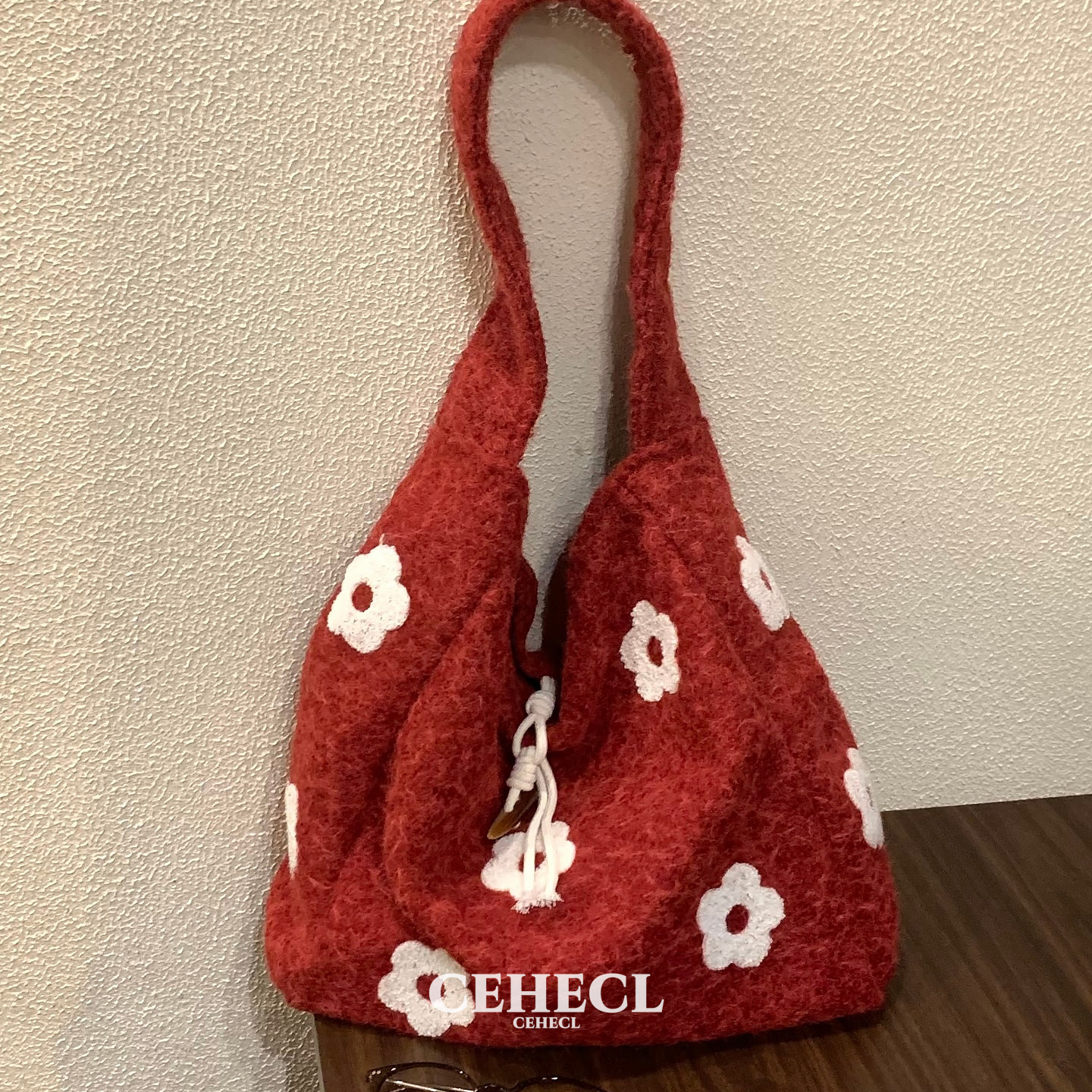 韩系花朵毛呢包包女冬文艺托特包