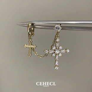 复古小众个性双耳洞耳环高级感巴洛克闪钻十字架一体式耳骨夹耳夹