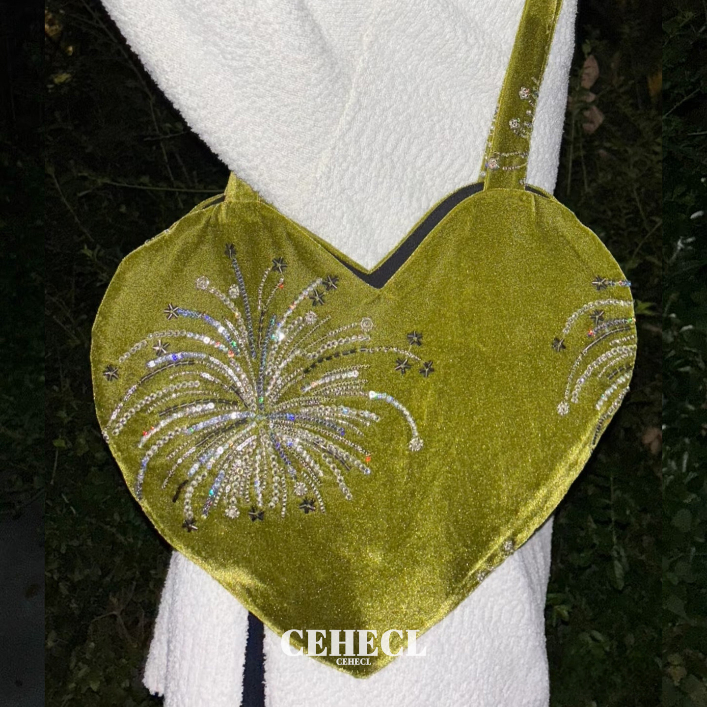 vintage芥末绿烟花钉珠亮片单肩包女秋冬复古托特包心形丝绒布袋,箱包皮具/热销女包/男包,托特包,淘宝优惠券,粉丝福利购,淘宝优惠卷