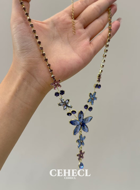 复古微镶水钻锆石紫色花朵项链女