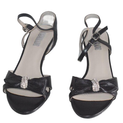 高跟金属PU露趾羊皮黑色女凉鞋