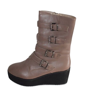 秋冬新品防滑厚底真皮圆头中筒女靴头层牛皮绒里坡跟靴子3815832