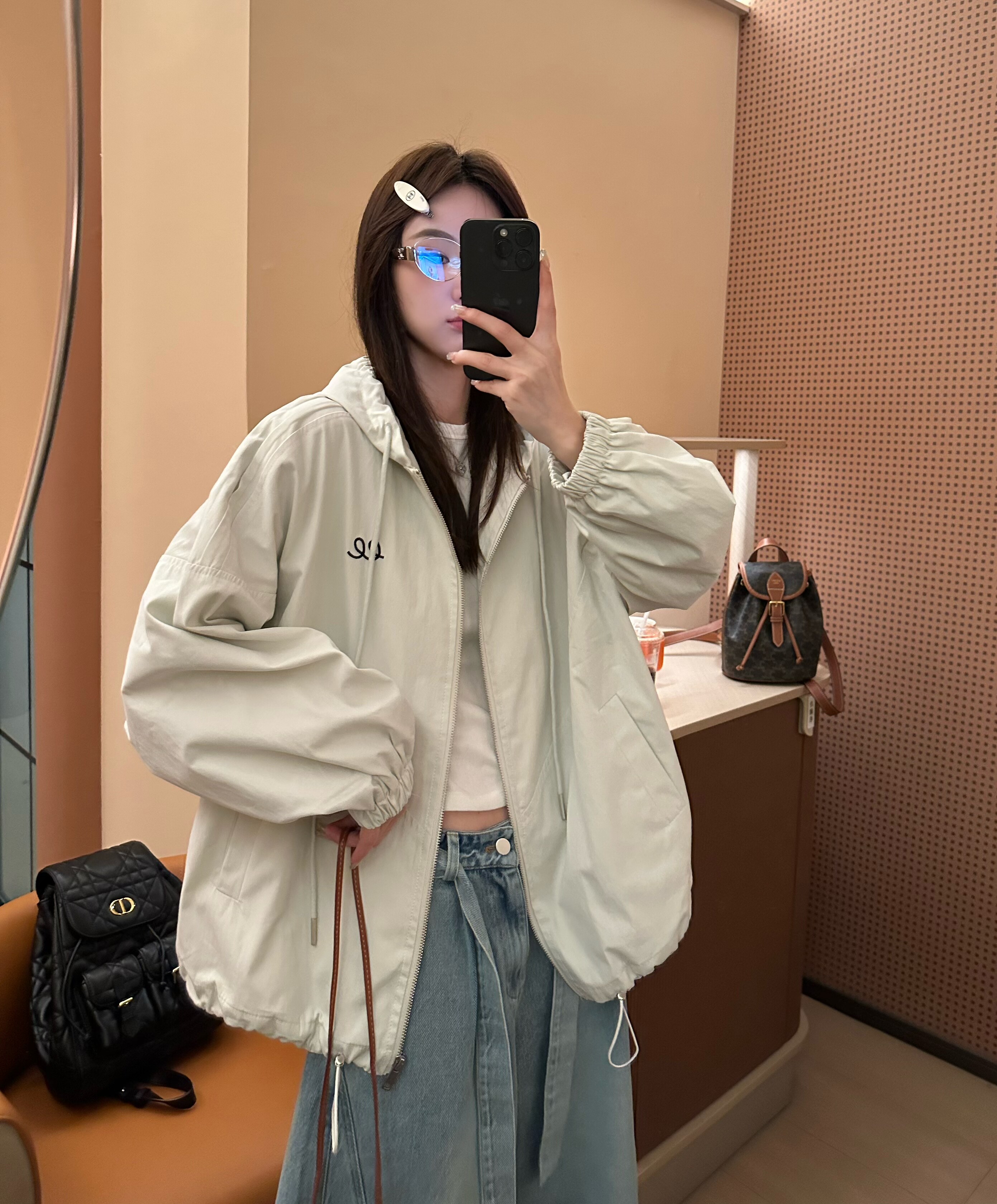 26005春季新款韩版气质休闲宽松大版显瘦连帽下摆抽绳冲锋衣外套