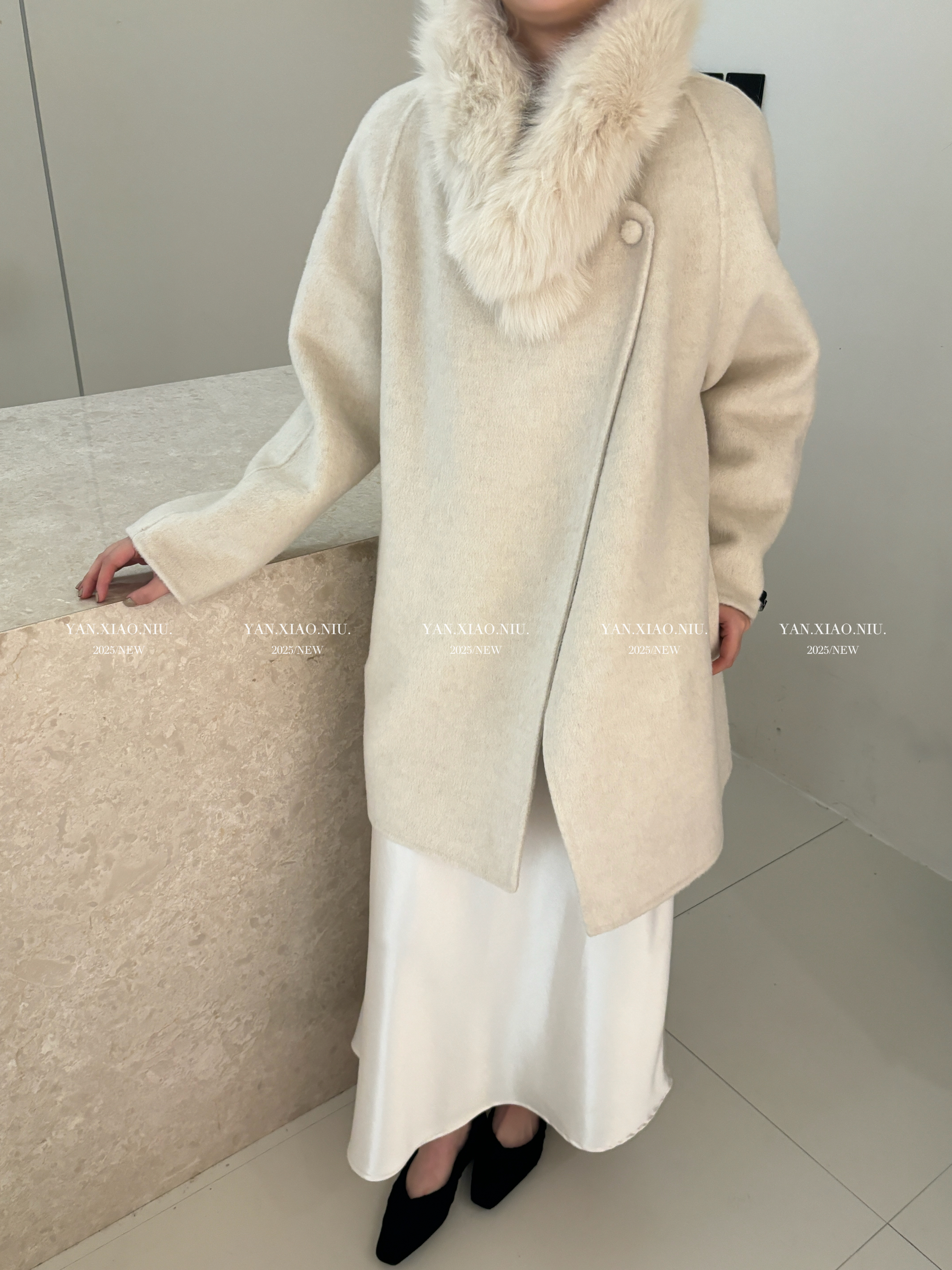 2527冬季新款温柔风狐狸毛领围脖双面羊毛大衣女中长款毛呢外套女