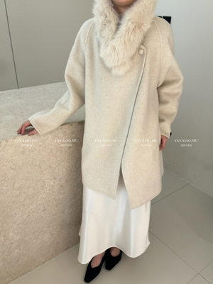 2527冬季新款温柔风狐狸毛领围脖双面羊毛大衣女中长款毛呢外套女