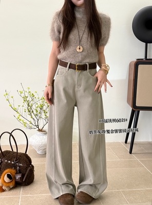 6021冬季新款韩版气质百搭高腰显瘦加绒加厚阔腿裤休闲牛仔长裤女