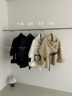 口收腰毛呢外套 韩系斗篷披肩双面羊毛大衣女狐狸毛袖 8869 66冬季