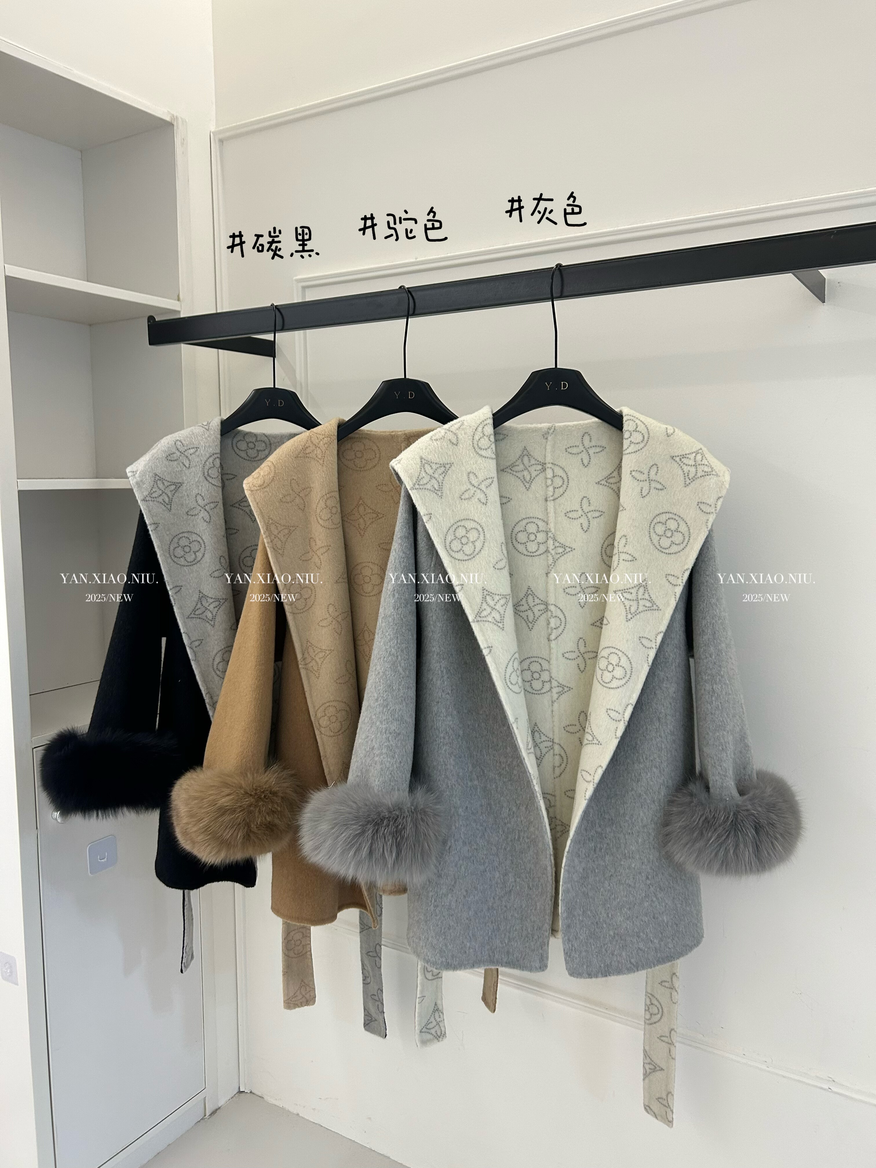 25131-38小个子中长款真袖毛双面羊毛大衣女连帽浴袍系带毛呢外套