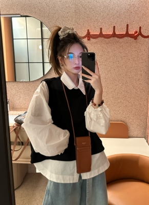 26015春季新款韩版气质宽松百搭翻领长袖衬衫+无袖马甲背心两件套