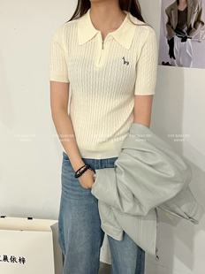 1593春季新款韩版时尚气质百搭显瘦翻领短袖针织T恤女刺绣上衣潮