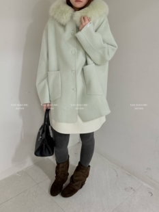 1518冬季 气质百搭宽松显瘦连帽狐狸毛领双面羊毛大衣毛呢外套 韩版