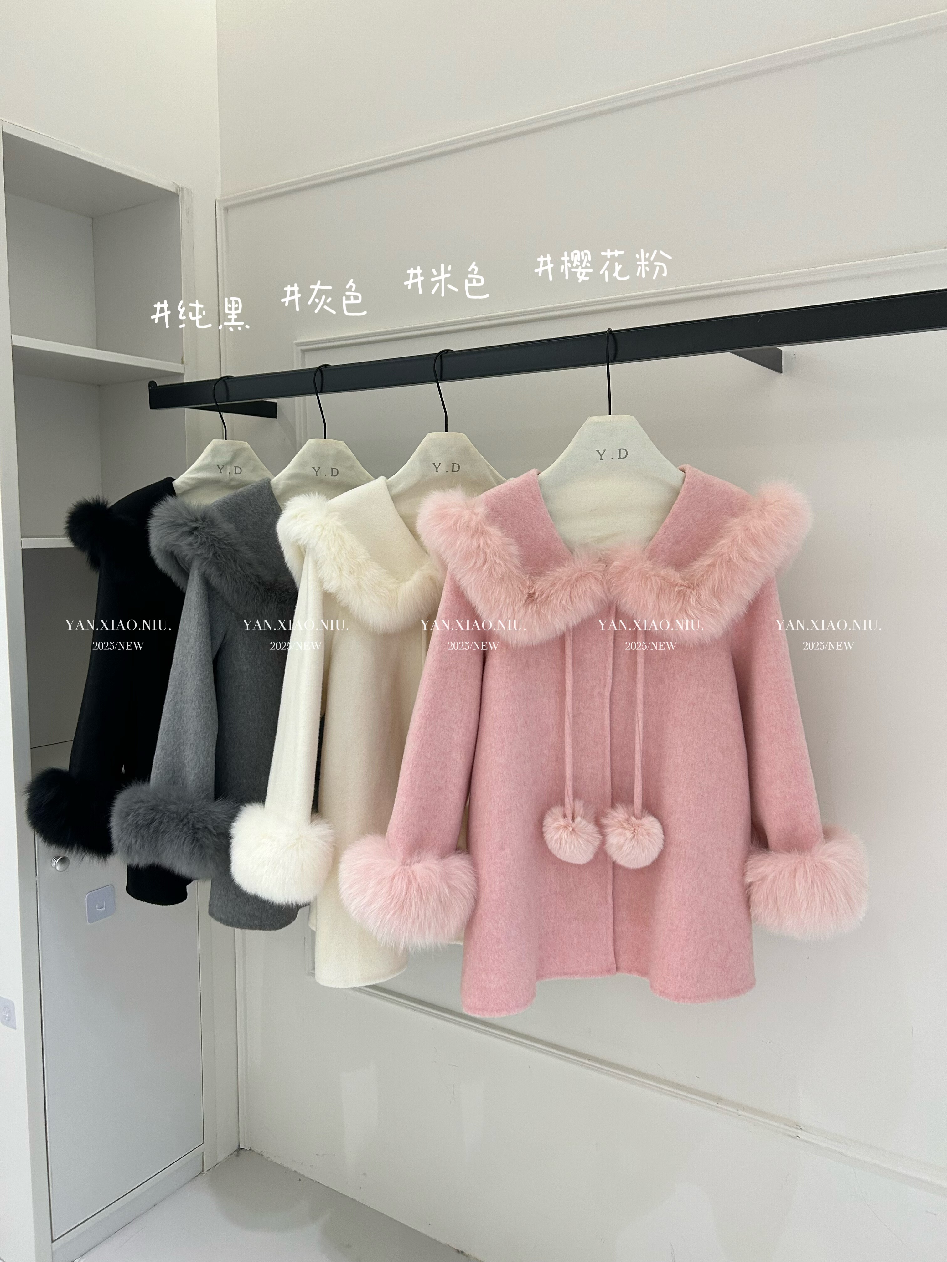 2531-38韩版气质显瘦翻领狐狸毛领双面羊毛大衣中长款毛呢外套女