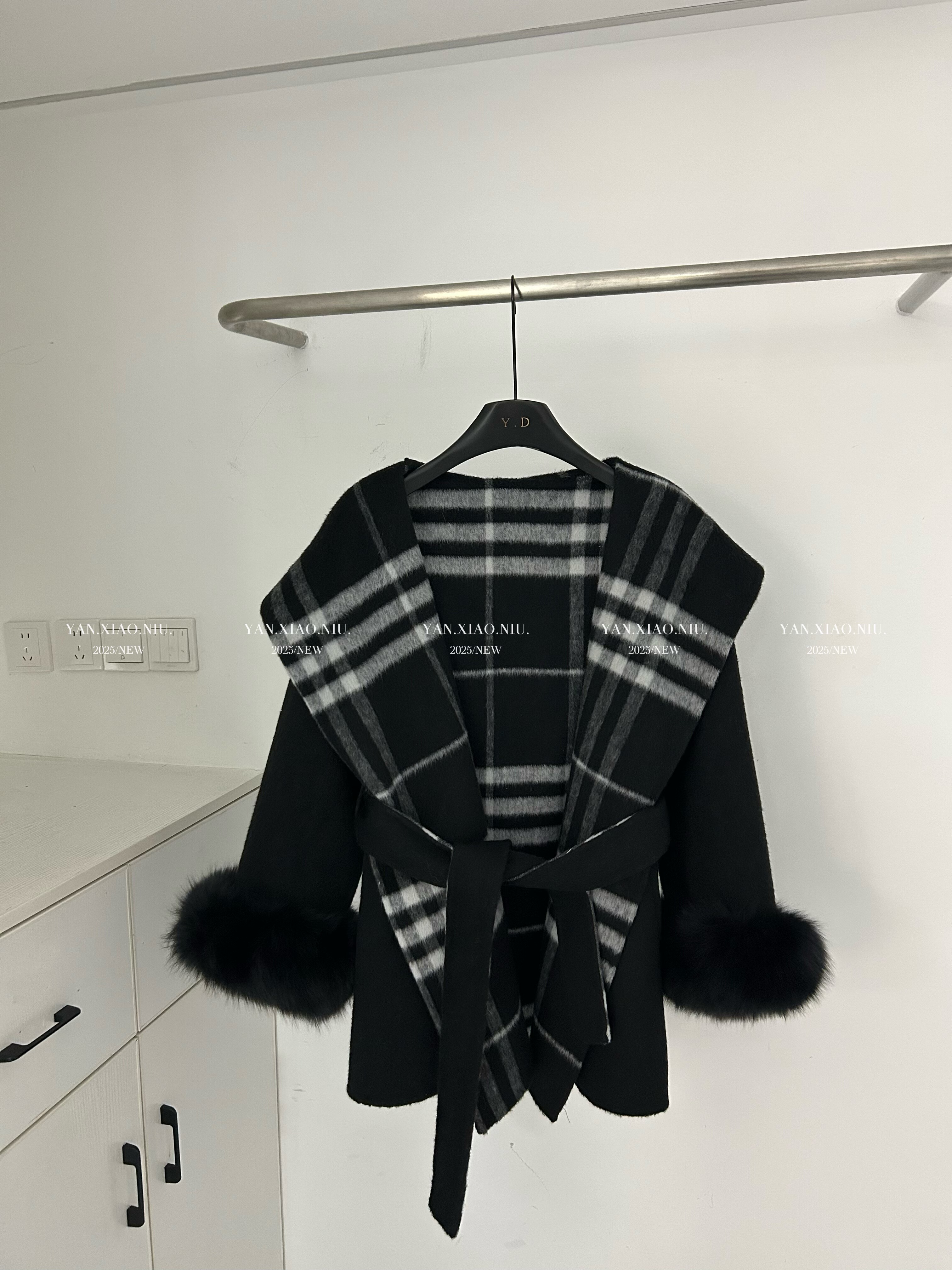 25157-38冬季韩版气质百搭连帽格子双面羊毛大衣真袖毛毛呢外套女