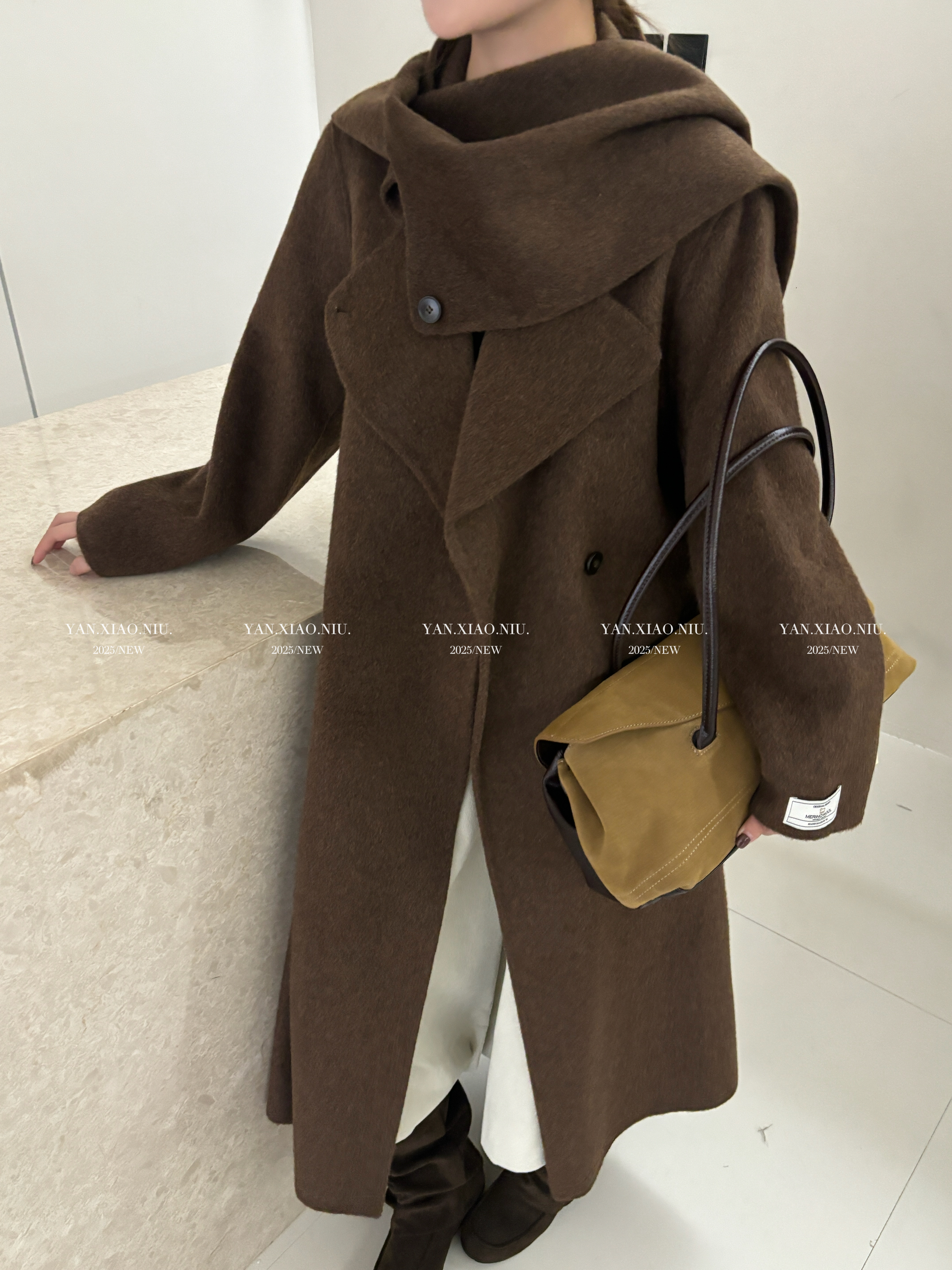 1255冬季新款韩系气质百搭围脖款双面羊毛大衣长款好品质毛呢外套