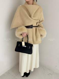 口收腰毛呢外套 韩系斗篷披肩双面羊毛大衣女狐狸毛袖 1389冬季 新款