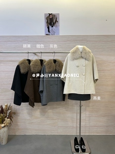 2668-38韩版气质百搭显瘦真毛领双排扣斗篷双面羊毛大衣毛呢外套
