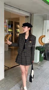 23702 秋季新款法式复古小香风格纹毛呢两件套装女长袖外套半身裙