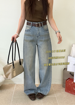 3603春季新款韩版气质百搭高腰显瘦做旧晕染洗水窄版阔腿裤牛仔裤