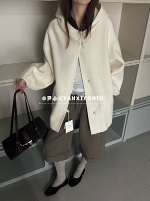8605冬季韩版气质百搭宽松显瘦连帽设计感双面羊毛大衣毛呢外套女
