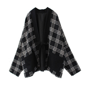 袁落落/女装  改良宋制对襟短衫汉服飞机袖宽松格子拼接外套秋冬