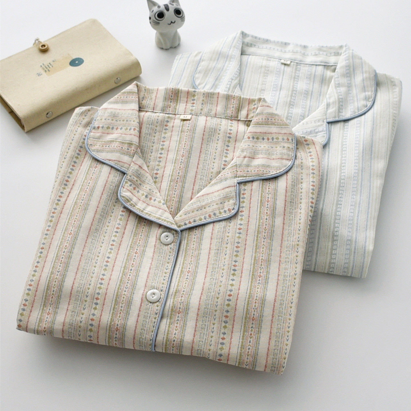 森系复古彩色竖条纹睡衣女士春秋夏季纯棉双层纱布开衫家居服套装