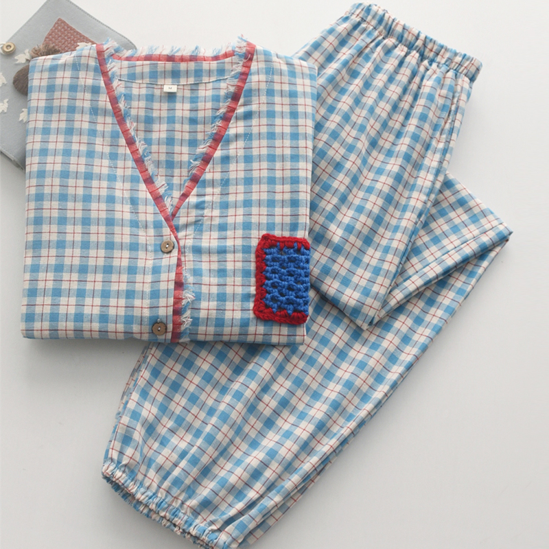 女纯棉棉布清爽格纹春夏长袖睡衣