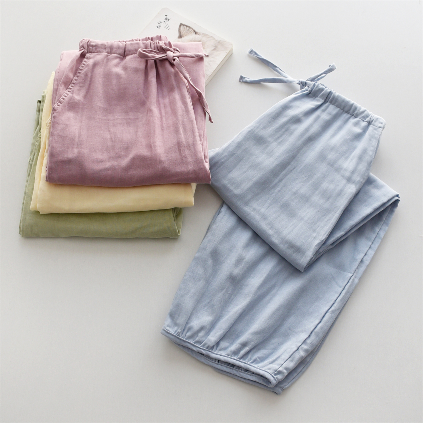 长裤纯棉纱布女双层薄款收口睡裤