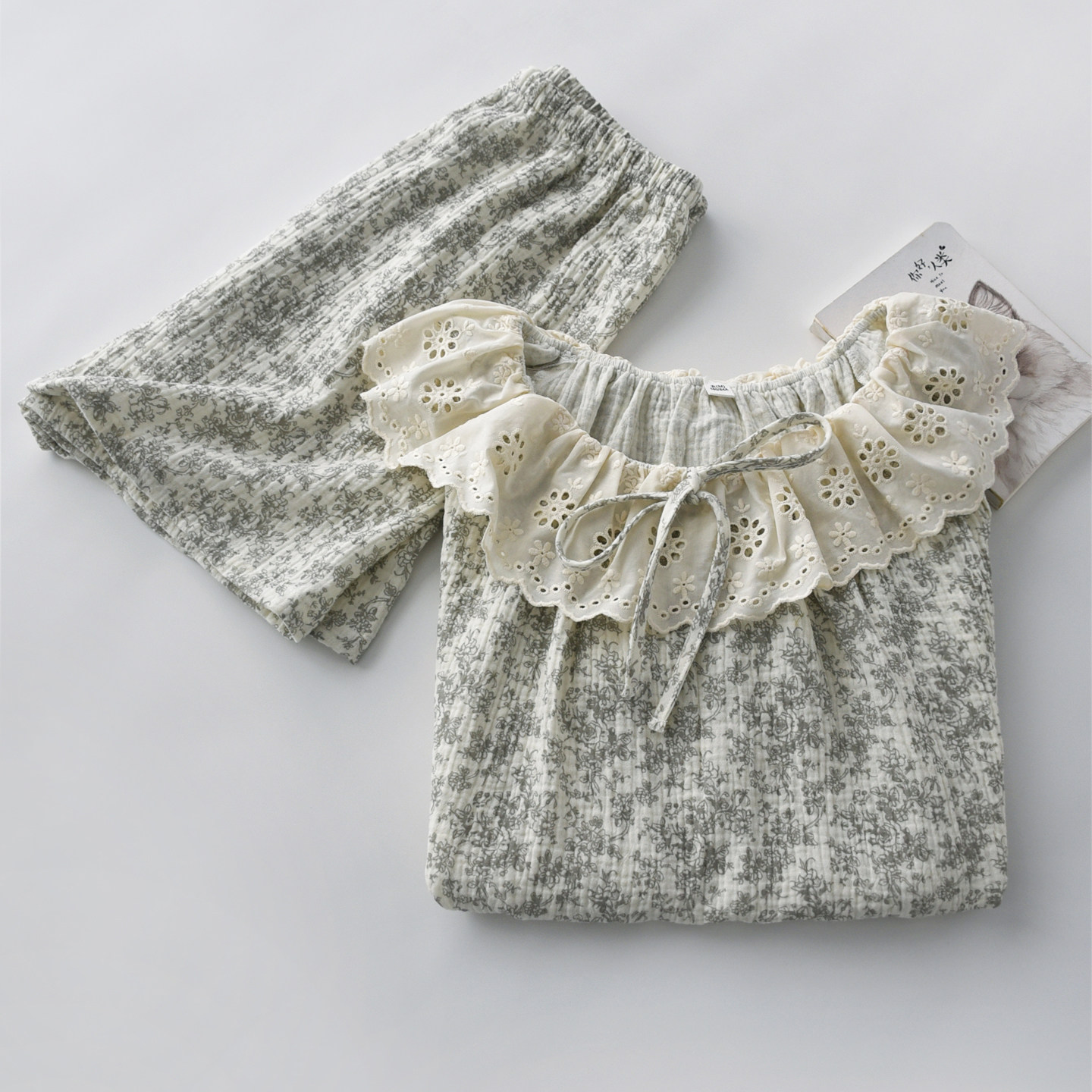 娃娃领花边复古碎花睡衣女士夏季纯棉双层纱布短袖短裤家居服套装