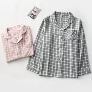 条纹情侣家居服上衣 加厚纯棉纱布双层大码 格子睡衣上装 男女秋冬季