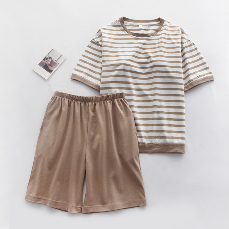 日系简约条纹睡衣男女士夏季纯棉针织薄款短袖短裤情侣家居服套装