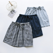夏季 纯棉纱布双层薄款 男女家居短裤 无印风简约格子情侣睡裤 沙滩裤