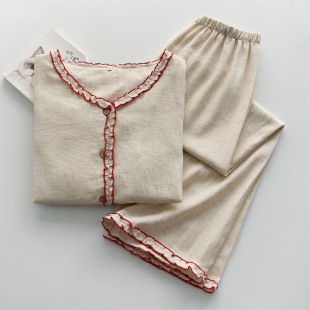 家居服套装 吸汗长袖 棉亚麻莱赛尔天丝薄款 木耳花边睡衣女春夏季