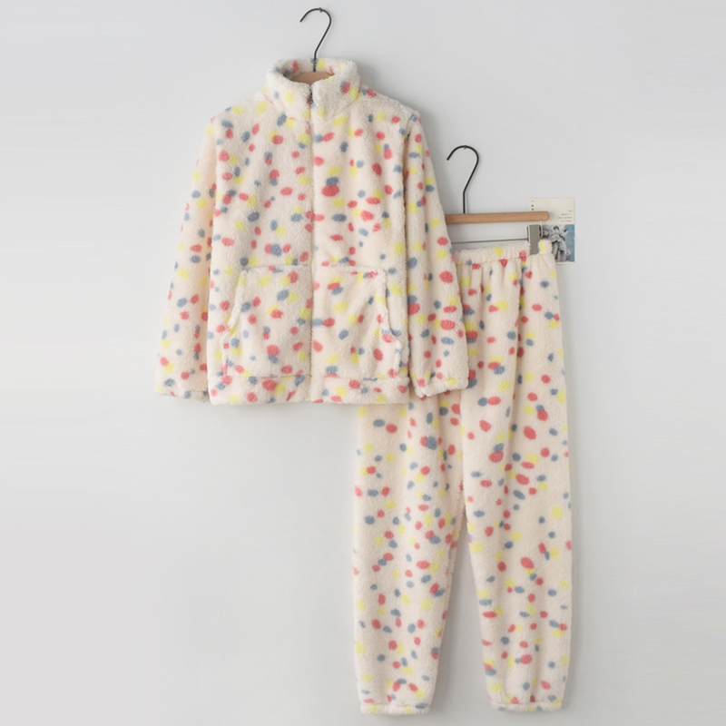 女士法兰绒拉链波点秋冬家居服