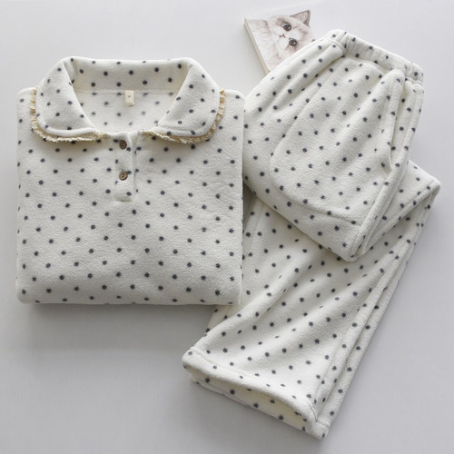 女法兰绒波点秋冬季套头家居服