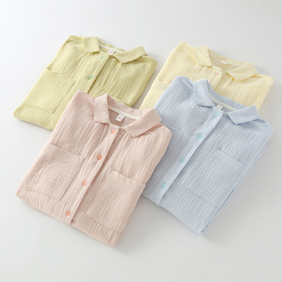 家居服套装 简约纯色小方领睡衣女式 宽松长袖 春秋夏季 纯棉纱布薄款