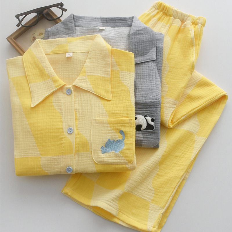 情侣纯棉纱布摩登刺绣春夏家居服