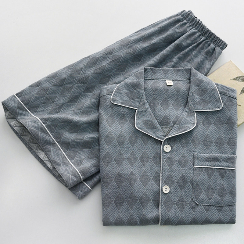 色织提花菱形格睡衣男纯棉纱布双层薄款宽松短袖短裤家居服套装,女士内衣/男士内衣/家居服,睡衣/家居服套装,淘宝优惠券,粉丝福利购,淘宝优惠卷