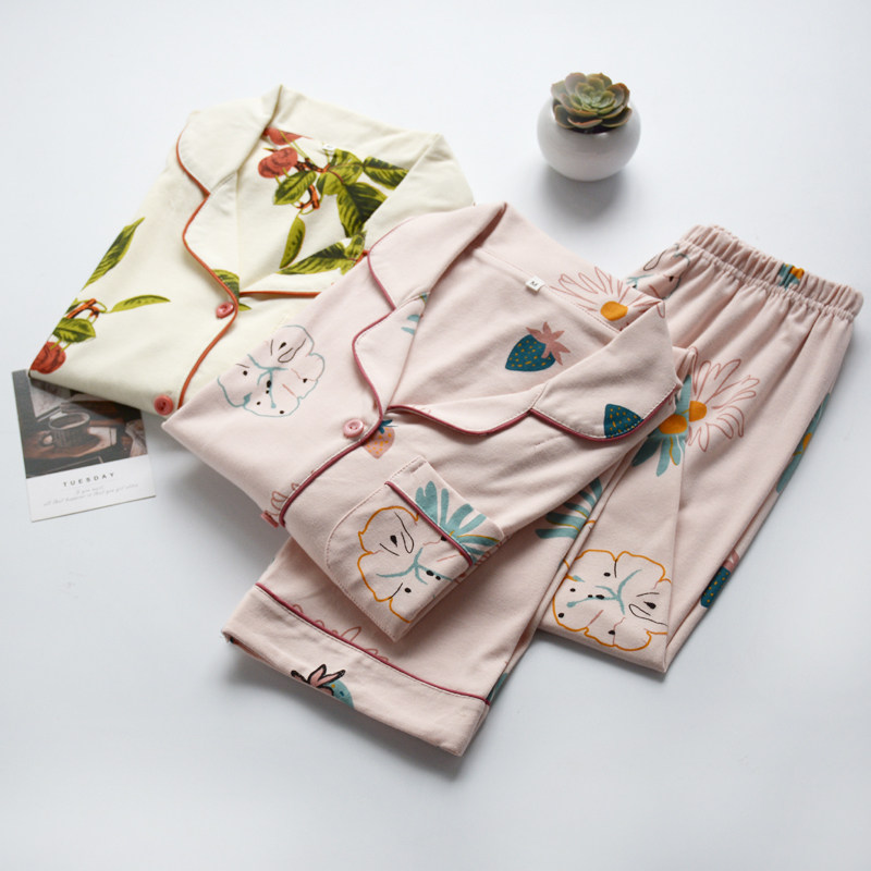 印花小清新棉毛睡衣女士春秋冬季纯棉针织暖气房长袖家居服套装