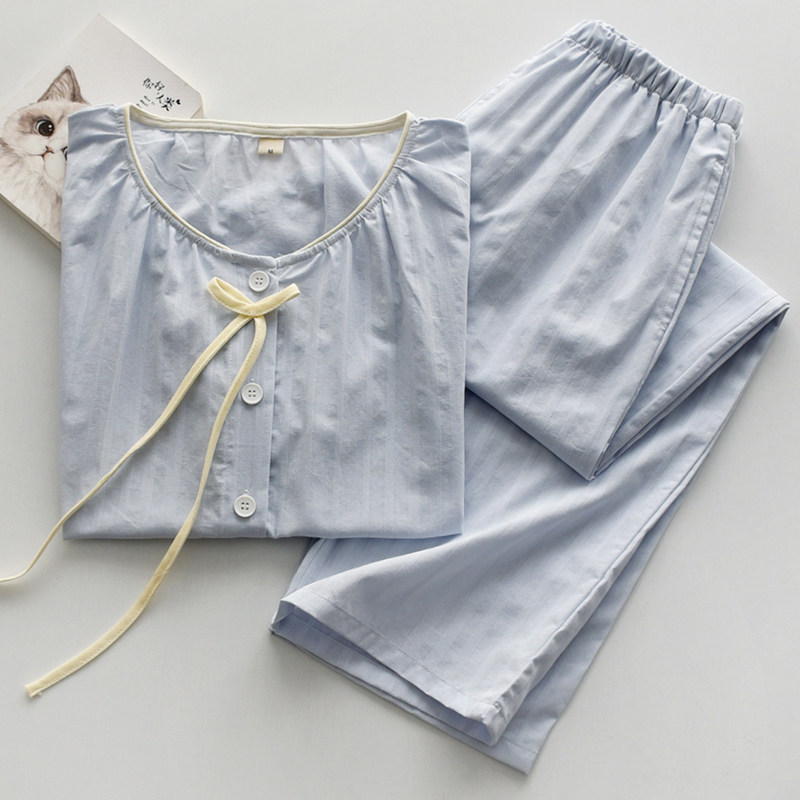 甜美小清新蝴蝶结睡衣女夏季纯棉棉布提花短袖长裤短裤家居服套装,女士内衣/男士内衣/家居服,睡衣/家居服套装,淘宝优惠券,粉丝福利购,淘宝优惠卷