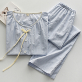 家居服套装 甜美小清新蝴蝶结睡衣女夏季 短裤 长裤 纯棉棉布提花短袖