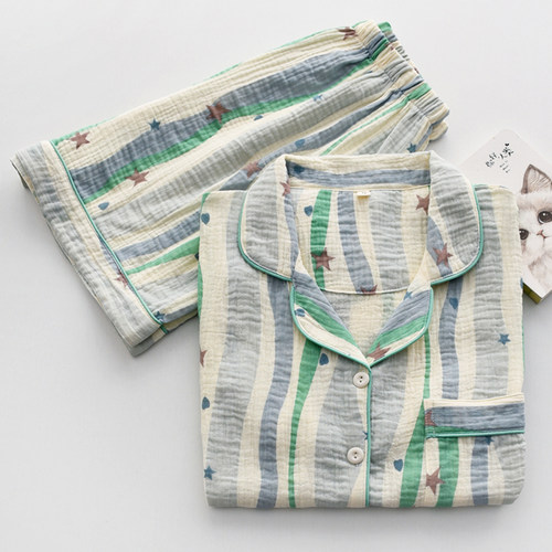 女纯棉纱布蓝条多巴胺短袖家居服