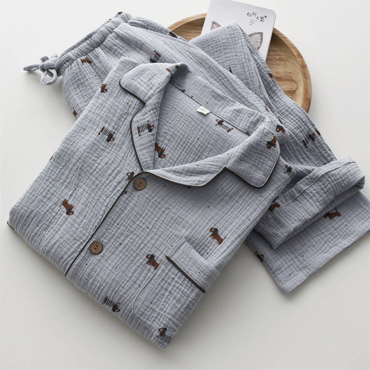 腊肠小狗睡衣男士春夏季纯棉双层纱布长袖长裤短袖短裤家居服套装